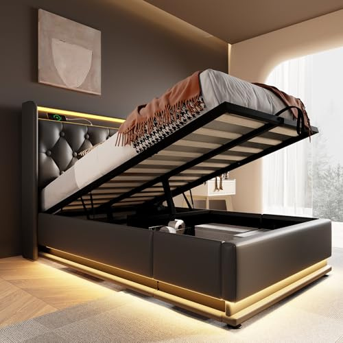 Mirightone Twin Size Upholstered Bed with Lift Up Storage & LED Lights, Hydraulic Storage Bed with USB Type-C Charging Satation, Wood Twin Bed Frame with Headboard for Kids Teens,PU Leather,Black
