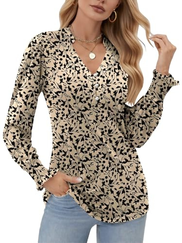 Cuptacc Camisa Mujer Cuello en V Blusa Mujer Manga Larga con Volantes Camisetas Moda Impresión Túnicas Albaricoque Negro Floral, XX-Large XXL 50