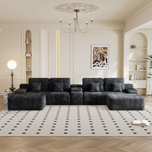 KEIKI 150 U-Shaped Oversized Corduroy Modular Sectional Sofa with 2 Ottomans and Multi Functional Console, 6-Seater Upholstered Couch with USB and 2 Cup Holder, Easy Assembly, for Living Room, Black