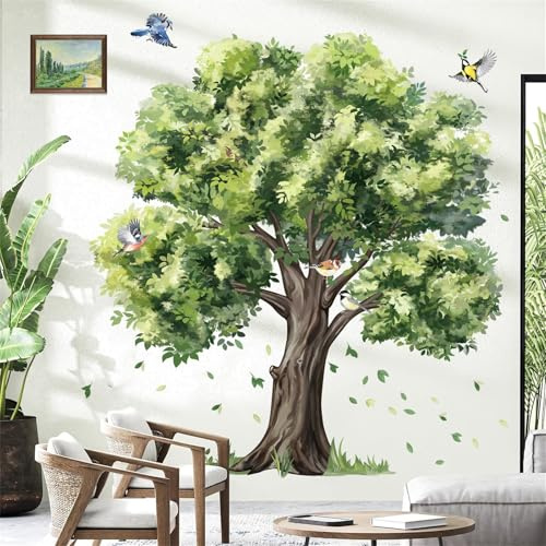 decalmile Adesivi Murali Albero Verdi Acquerello Grande Adesivi da Parete Foglie Verdi Piante Uccelli Decorazione Murale Camera da Letto Soggiorno Ufficio Divano
