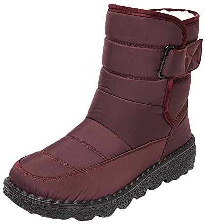 Botas de nieve para mujer, resistentes al agua, con hebilla, forradas cálidas, botas de invierno, impermeables, ligeras, antideslizantes, de esquí, punta redonda, botines anchos y térmicos, rojo, 39