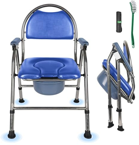 Silla de inodoro plegable para personas mayores, altura regulable, silla de ruedas con cubo de inodoro, silla de ducha plegable, capacidad de carga 200 kg para cuarto de baño