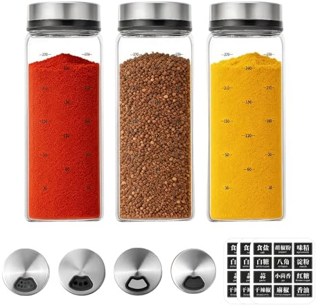 3 Stück Gewürzgläser Set mit Drehdeckel, 300ml, Edelstahl, Borosilikatglas Gewürzstreuer mit 3 Gewürzlöchern, Praktische Salzstreuer Gewürzdosen für Kräuter und Gewürze in Küche, Grillen, BBQ