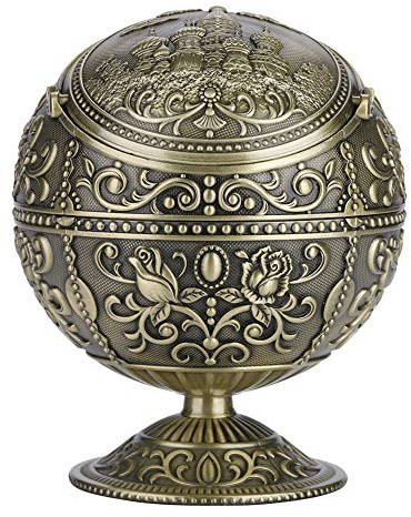 Posacenere artigianale vintage, posacenere in metallo a sfera rotonda con motivo stampato, elegante scatola decorativa per la casa, hotel, club, lega elettrolitica resistente in (castello di bronzo)
