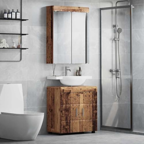 GeenYuu TULUM Bathroom Furniture Set, Old Wood Engineered Wood Vanity Cabinet with 4 Doors, Modern Storage for Towels, Toiletries, and Cleaning Supplies