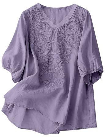 Chemisier Femme Coton Lin Blouses Ample Tunique D'été Bohème Vintage Broderie Top Hauts Manches Courtes Col V Chemise Décontractée Imprimé Fleuri T-Shirt Grande Taille Respirant Chemise Léger de Plage