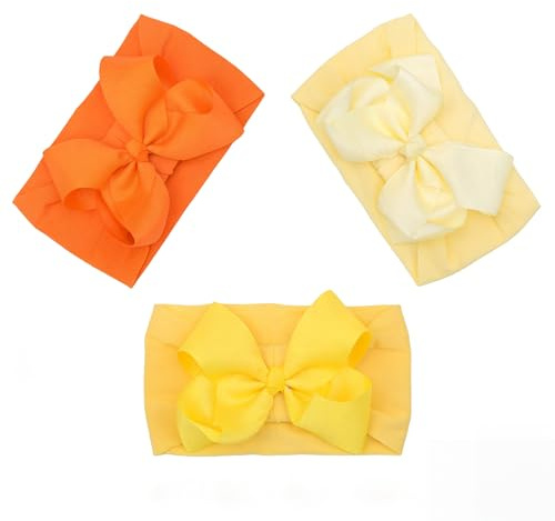 Confezione da 3 cerchietti per capelli con fiocchi per nastro, in morbido nylon, per neonate da 0 a 3 mesi, accessori per capelli carini (beige, giallo, arancione)