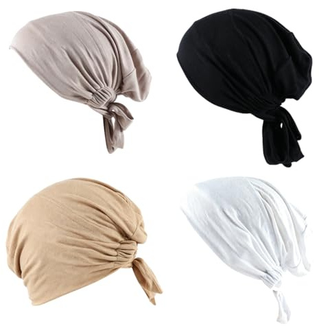 SquishyWorld 4 Pcs Bonnet Hijab Femme Sous Hijab Turban Foulard Cheveux Elastique Réglable Voile Bonnet Nuit Sommeil Coton Respirant Accessoire Tête Doux Confortable