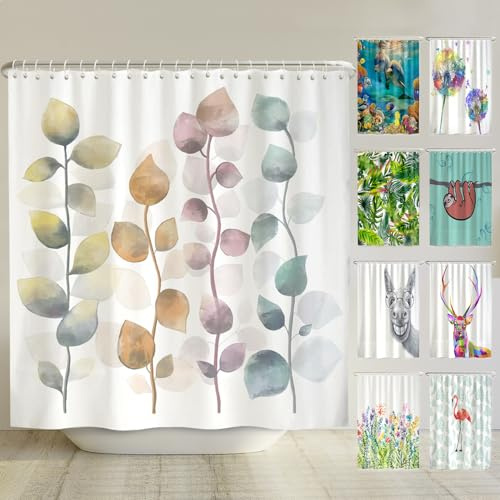arteneur® - Bunte Blätter - Anti-Schimmel Duschvorhang 200x220 - Recycelt mit Öko-Tex Standard 100 - Beschwerter Saum, Blickdicht, Wasserdicht, Waschbar, 12 Ringe & E-Book