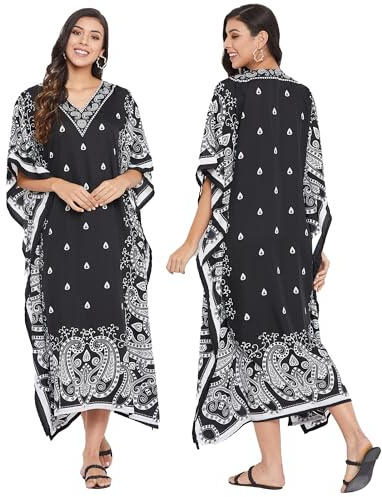 Oussum Plus Size Kaftan for Women Polyester Summer Caftan Swimwear Cover Ups Maxi Beach Dress (Black Paisley)