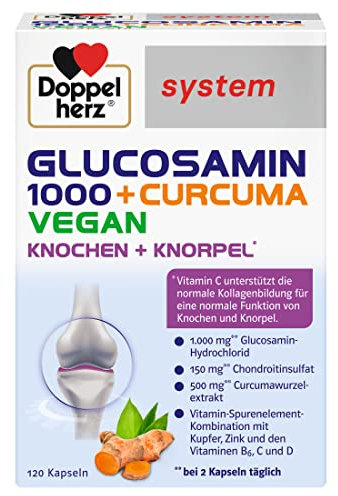 Doppelherz system GLUCOSAMIN 1000 + CURCUMA VEGAN – Vitamin C trägt zur normalen Kollagenbildung für die normale Knorpel- und Knochenfunktion bei – 120 Kapseln