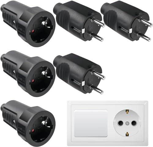 3 Paar Schuko Stecker Kupplung: 250V 16A IP44 Schutzkontakt Stecker, Gummi Schukokupplung Set mit Knickschutz, 2-polig Aussen Wasserdicht Schwarz Schukostecker und Gummikupplung ohne Kabel