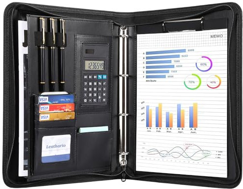 Leathario A4 Konferenzmappe, Schreibmappe mit Ringbuch，Reißverschluss,Ringbuchmappe Portfolio, Dokumentenmappe Aktenmappe Mappe Schreibblock Schwarz