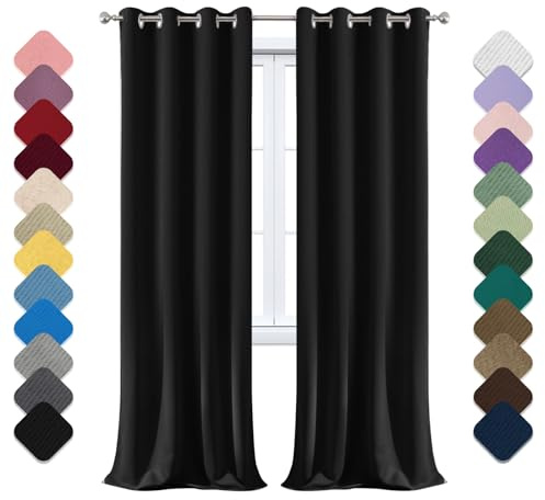 Yoosing Tenda Oscurante da Interno, Tende Oscuranti Per Finestre 1 Pannelli con Anelli, 180x260cm (LXA) Tenda Termica Isolante, Tende Salotto, Tende Coprenti, Tende Fonoassorbenti nero