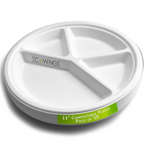 ECOWINGS' 11 inch Biodegradable Plates with 4 Compartments - Perfect for Parties, Picnics, Family Dinners, and Every Celebration in Between. (Pack of 50) Bagasse - 4 Compartment Plates.