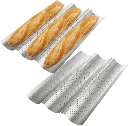 LDXDRU 2 Pack 38 x 24.5cm Baguette Baking Tray, Carbon Steel Baguette Pan, Perforated French Stick Loaf Baking Mold Pan for 3 Baguettes