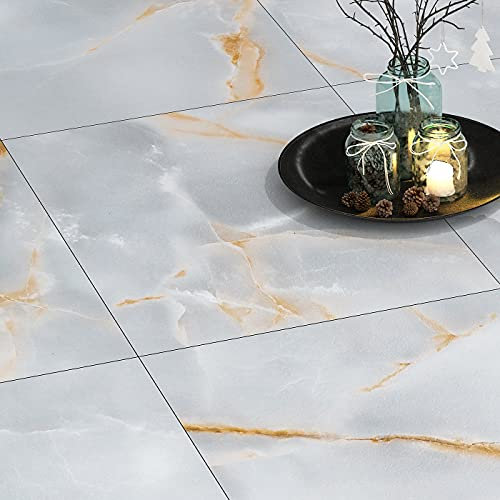 FunStick 30×30CM 15 pcs Grey Gold Peel and Stick Floor Tiles Bedroom Marble Sticky Vinyl Bathroom Kitchen Flooring Tiles Grey Gold Vinyl Flooring Tile Removable Marble Effect Stick on Floor Tile