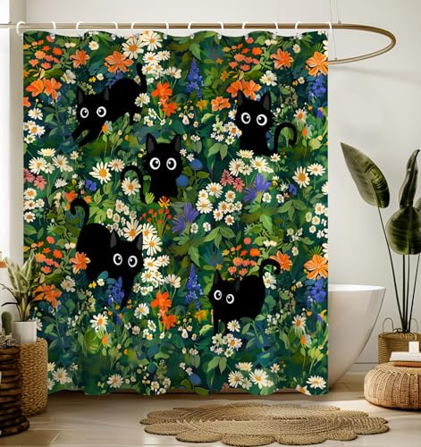 Stanoha Cortinas de Baño - Tenda da doccia per bagno, stile bohémien, moderna, estetica, decorativa, impermeabile, con gatti e fiori, stampa chic, per adolescenti, graziose donne, 183 x 183 cm