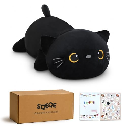 SQEQE Chat Noir lesté en Peluche - Animal en Peluche en Forme de Chat Noir lesté - Oreiller Doux - Cadeau pour Enfants et Adultes - 24 cm - 0,4 kg