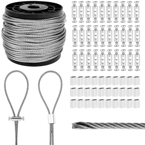 3mm PVC Coated Wire Rope Set 50m - 304 Stainless Steel Heavy Duty Cable with 60 Crimping Clamps, White