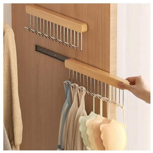 2 Pack Pull Out Belt Hanger for Closet, Wooden Tank Top Bra Hanger, Space Saving Coat Hooks Wall Mounted Hanging Organizer for Tie Belt Scarf Camisole (8 Hooks, Right Pull)