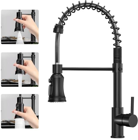Hanviter Pull Out Kitchen Mixer Tap - 360° Swivel 3 Spray Modes Single Handle Sink with Cold and Hot Water, Commercial Black Standard Fittings