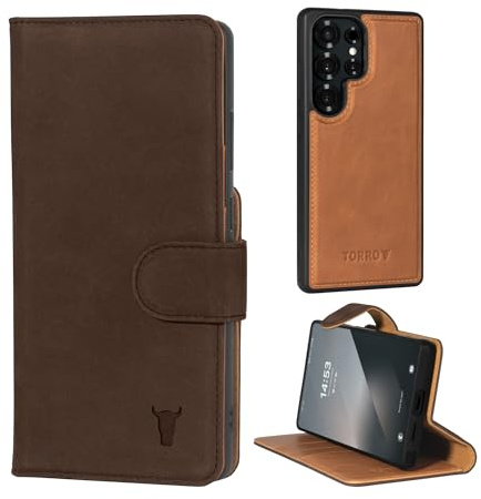 TORRO Nubuck Leather Case Compatible with Samsung Galaxy S25 Ultra 5G (6.9”) 2025 – Genuine Leather Bumper Case with Magnetically Detachable Wallet Flip Folio Cover (Nubuck Dark Brown)