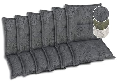 GO-DE Textil Bequeme und attraktive Polsterauflagen für Niederlehner-Gartenstühle (6er-Set, Blattmotiv groß anthrazit, Niederlehner)