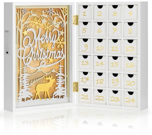FIHOO Wooden White Advent Calendar with Drawers, Reusable Advent Calendar with Lights, Empty Boxes to Fill, Decorative Fold Out Wood Calendar for Kids Christmas Decorative 24 Empty Boxes to Fill
