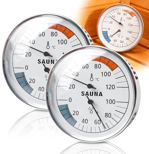 Lot de 2 thermomètres hygromètres pour sauna, thermomètre 2 en 1, diamètre 100 mm, thermomètre de sauna, thermomètre précis, hygromètre, accessoire de sauna pour une atmosphère apaisante