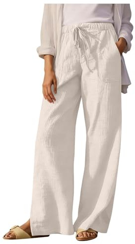 Pantalones De Lino para Mujer De Verano con Cordón Ajustable Cintura EláStica Pierna Ancha Pantalones Palazzo de algodón Casual de Verano Estilo Palazzo con Bolsillos Y Aberturas Laterales
