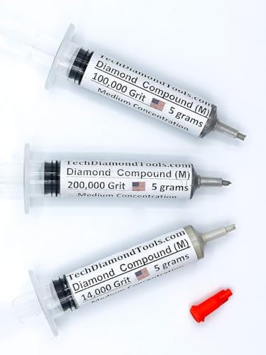 TechDiamondTools Diamond Polishing Paste Set of 3 Syringes X 5 Grams (M), Polishing Lapping Compound, Sizes 14000 100000 200000 Grit, Mesh - With Medium(25%) Concentration of Diamond Powders