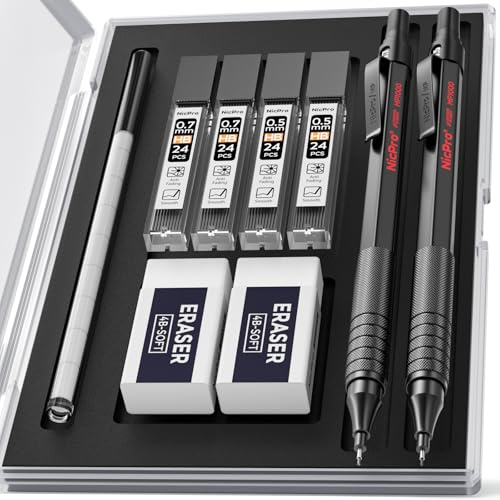 Nicpro 2 Stücke Schwarz Druckbleistifte Set mit Etui, Automatische Metall Mechanische Stifte 0,5 mm & 0,7 mm, 4 Stücke HB Bleistiftminen, 2 Radiergummis für Schreiben, Engineering Zeichnen, Skizzieren