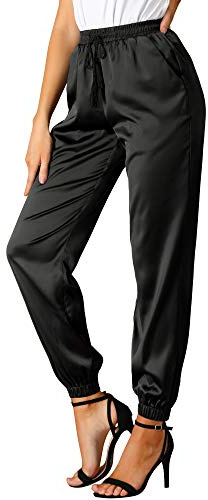 Allegra K Pantaloni Sportivi da Donna con Coulisse Elastica in Vita, Lunghezza alla Caviglia, in Raso, con Tasca, Nero, XL
