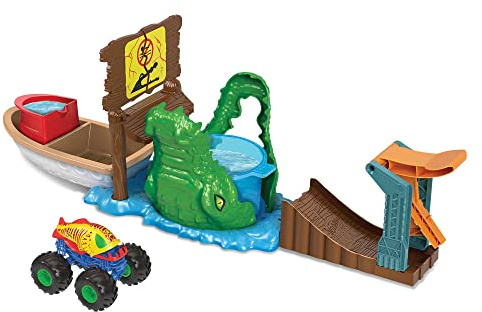 Hot Wheels - Monster Trucks Palude del Coccodrillo Playset, da usare con l'acqua e 1 veicolo Monster Trucks Color Shifters, Giocattolo per Bambini 4+ Anni, HGV14