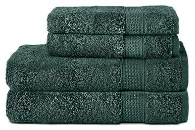 Komfortec 4er Handtuchset aus 100% Baumwolle, 2 Handtücher 50x100 cm und 2 Badetücher 70x140 cm Set, Frottee, Weich, Dunkelgrün