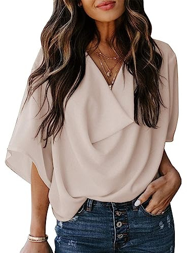 Tee Shirt Femme Col V Chiffon Blouse Femme Manches Evasées Chemisiers et Blouses Femme Décontracté Tunique Loose Haut Elégants Top D'été Chemise de Chic de Couleur Unie(Apricot M)