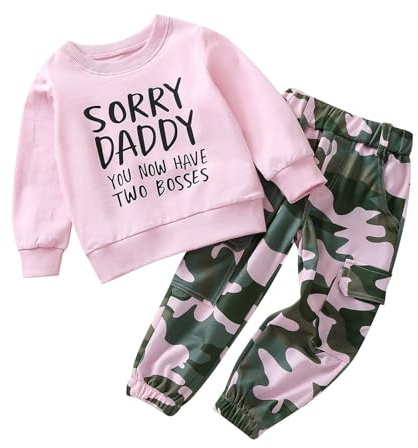 YCBMINGCAN Traje de otoño para niñas pequeñas, sudadera de manga larga con estampado de letras y pantalones de trabajo con cintura elástica y estampado de camuflaje, ropa de bebé de 1 año, Rosa., 5-6