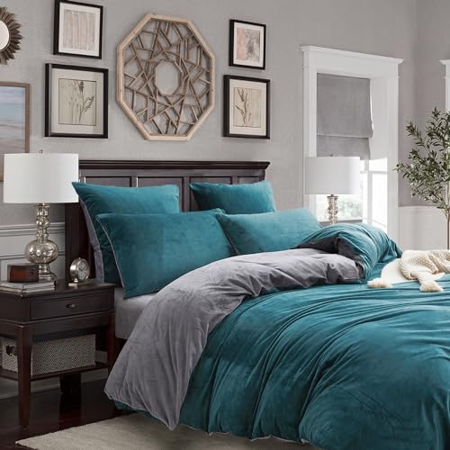 Ropa de cama de invierno cálida de felpa de 200 x 200 cm, 3 piezas, color azul petróleo, gris, funda nórdica de cachemira, franela, forro polar, terciopelo, tacto suave y esponjoso, tela cálida, 1