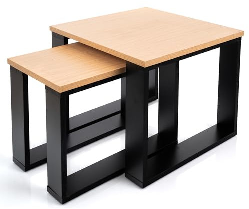 LEHMANN Wohnzimmertisch Holz, Couchtisch 2er Set in 2 Größen, Beistelltisch Holz, Wohnzimmer Tisch für Couch mit Schwarzem Gestell und Holzplatte, beistelltische fürs Wohnzimmer Set, Natürliche