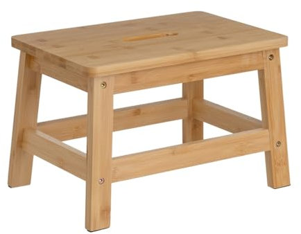LOLAhome Taburete Escalón de Madera de Bambú Natural con Asa Integrada y Protección Anti-Rayaduras en Las Patas de 38x26x25 cm y Resistencia de 150 kg para Cocina y Baño.