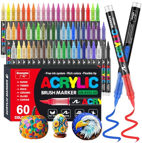 Funnasting 60 Color Rotuladores Acrilicos, Cabeza de Cepillo Suave Rotulador Acrilico, Marcadores Acrílicos para Colorear Vidrio, Pinturas Rupestres y Artículos de Artes y Oficios de Bricolaje
