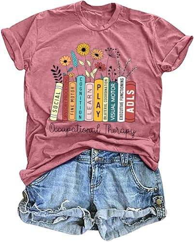 Occupational Therapy Shirts Women: OT Tee Shirt Occupational Therapist T-Shirts Autism Awareness Tops OT Month Gift Pink