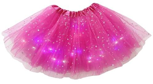 Women LED Tutu Skirt Sequins Stars Light Up Tutu Skirts Layered Ballet Dance Tulle Skirt for Halloween Party Costume (US, Alpha, One Size, Regular, Regular, Standard, Rose)