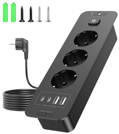 Grenuttag med USB, flera uttag 3 fack med strömbrytare, infällbart uttag bordsuttag inbyggt uttag kök med 2 m kabel för konferensbord, bänkskiva, soffbord (svart)
