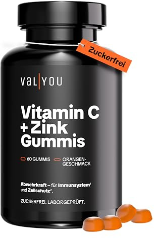 VALYOU Vitamin C + Zink Gummis ◉ Zuckerfrei ◉ Orangengeschmack ◉ 60 Gummis für 2 Monate Vorrat ◉ Für Immunsystem & Zellschutz ◉ Made in Germany ◉ Laborgeprüft ◉ Allergenfrei