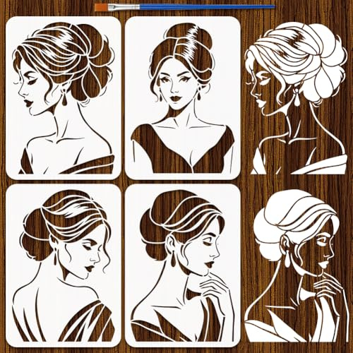 FINGERINSPIRE 4 Pz Stencil per Pittura di Donna Elegante con Pennello, 21x29.7cm Stencil per Viso di Donna Stencils a Tema Femminile per Pittura su Mobili da Parete in Legno, Decorazione Fai da Te