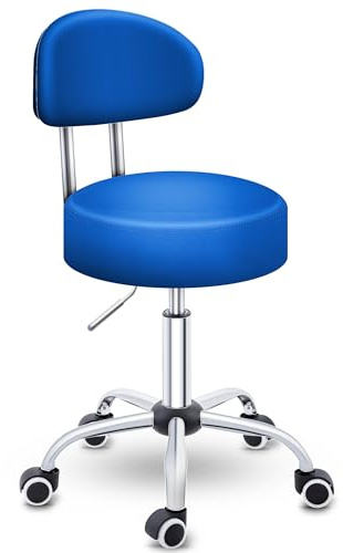 TRESKO® Taburete rodante con Respaldo ergonómico | Silla Ajustable en Altura 46-58 cm | Ruedas Taburete cosmético/Silla de Oficina para Mayor Comodidad y Movilidad (Azul)