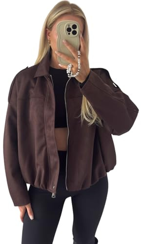 Women’s Faux Suede Bomber Jacket Spring Lapel Pilot Coat Casual Oversize Long Sleeve Trendy Streetwear Outerwear Loose Fit Fall Fashion Zip Up Coat (UK 6-14,Brown)