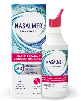 Nasalmer Spray Nasal Fuerza Fuerte 3, 100% Agua de Mar, Alivio de la Congestión, Adultos y Niños +10 años, 135 ml